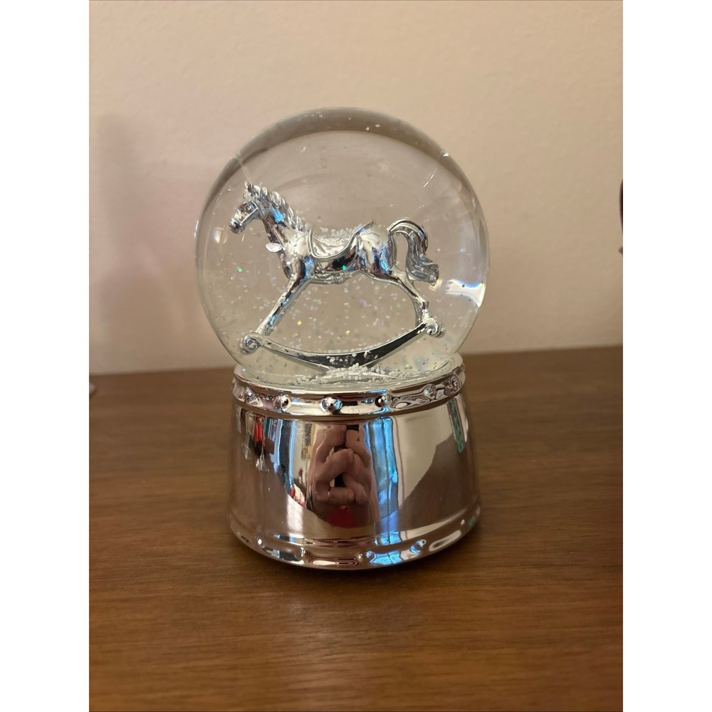 Silver Metal Rocking Horse Glitter Snow Globe plays Joy to the World Music Box